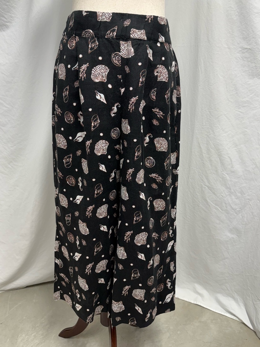 LOFT Beach Black Wide Leg Shell Print Linen Pants